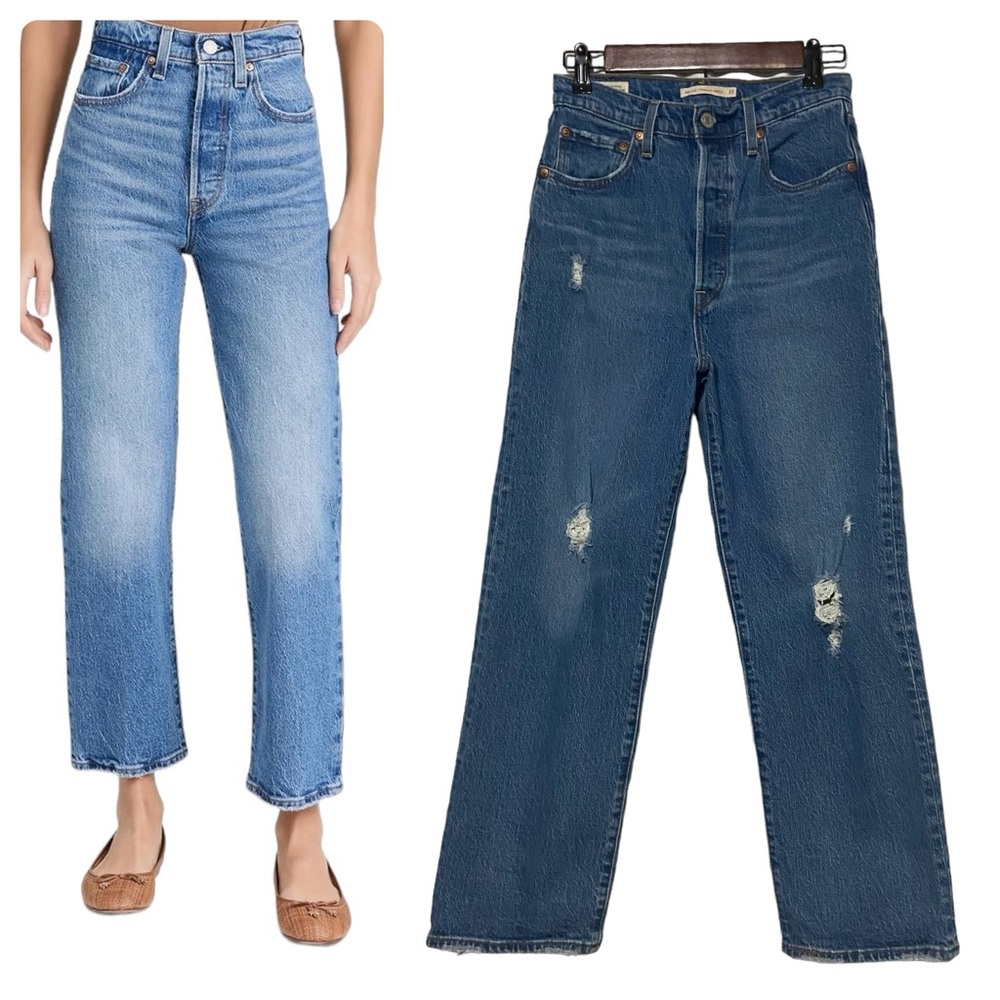 Levi’s Premium Ribcage Straight Ankle Distressed Button Fly Jeans Blue